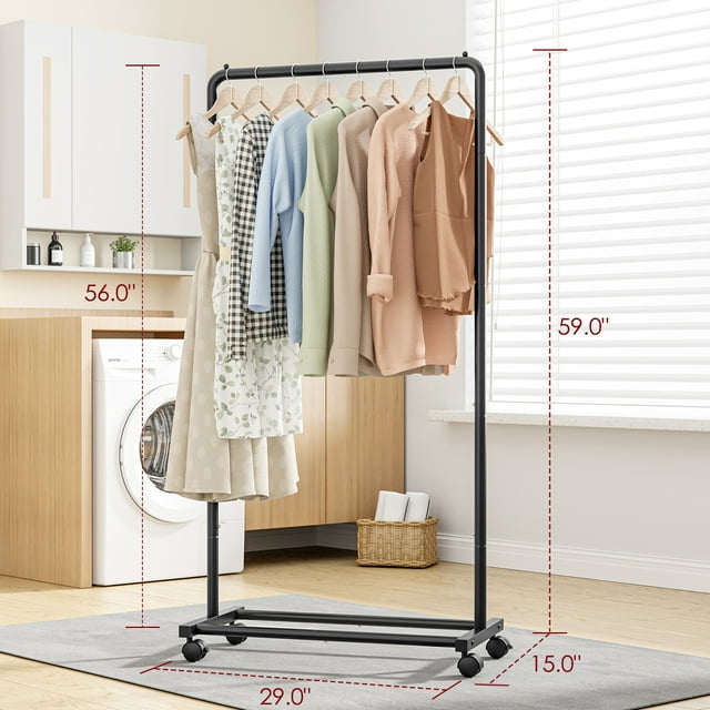 Sakugi Clothes Rack with Wheels, Clothing Racks for Hanging Clothes and Shoes, Black