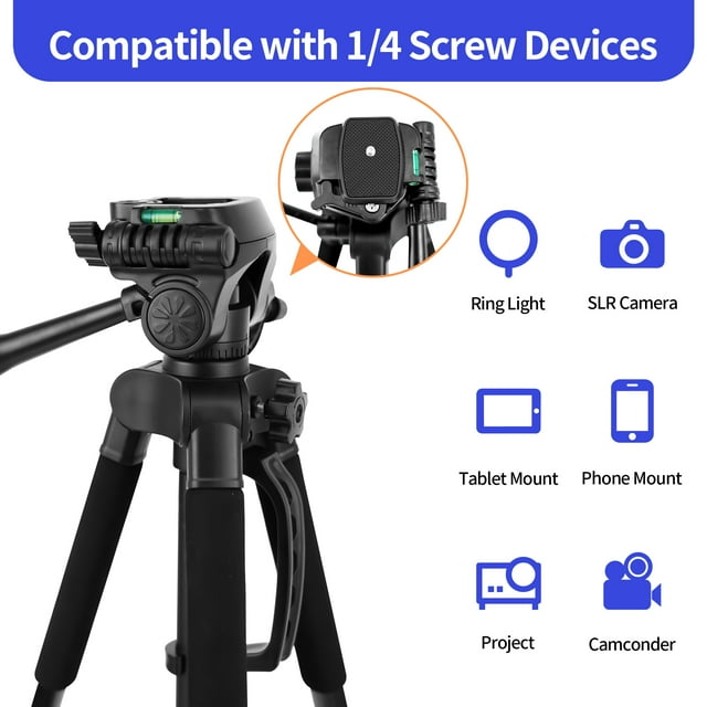 63" Tripod Stand, Camera Tripod with Travel Bag, Extendable Cell Phone Tripod Stand with Wireless Remote and Phone Holder, Compatible with Cameras, Phone & Tablet, Sport Camera