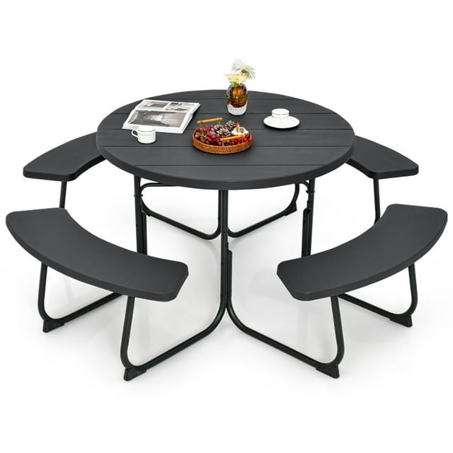 Resenkos 8-Person Outdoor Picnic Table and Bench Set with Umbrella Hole-Black for Patio Back Deck, Balcany, Poolside