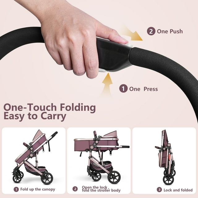 Vipuse Baby Stroller,3 in 1 Convertible Newborn Bassinet Stroller with Adjustable Backrest & Awning,Travel Stroller for Baby 0-3 Years Old,Brown