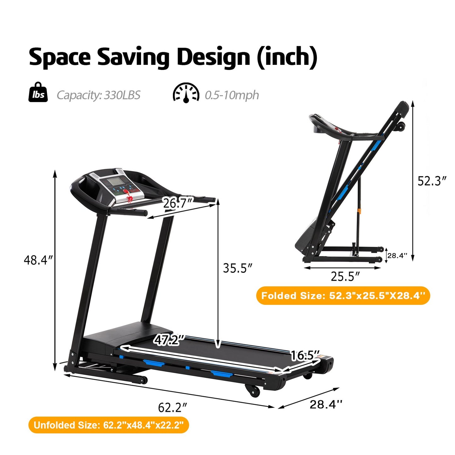 FLIMDER 330LBS Capacity 15% Auto Incline Folding Treadmills with APP for Home, 3.5HP 10MPH Speed Bluetooth Heart Rate Sensor for Running Walking Jogging Exercise Fitness