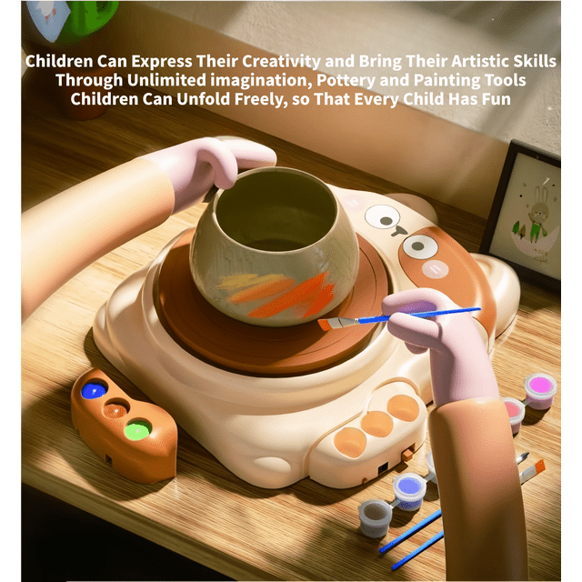 Tiny Pottery Wheel,Pottery Machine,Pottery Kit for Kids with 3 Clays,Cat Pottery Machine with Adjustable Speed,Air Dry Sculpting Clay and Craft Paint Toy Kit