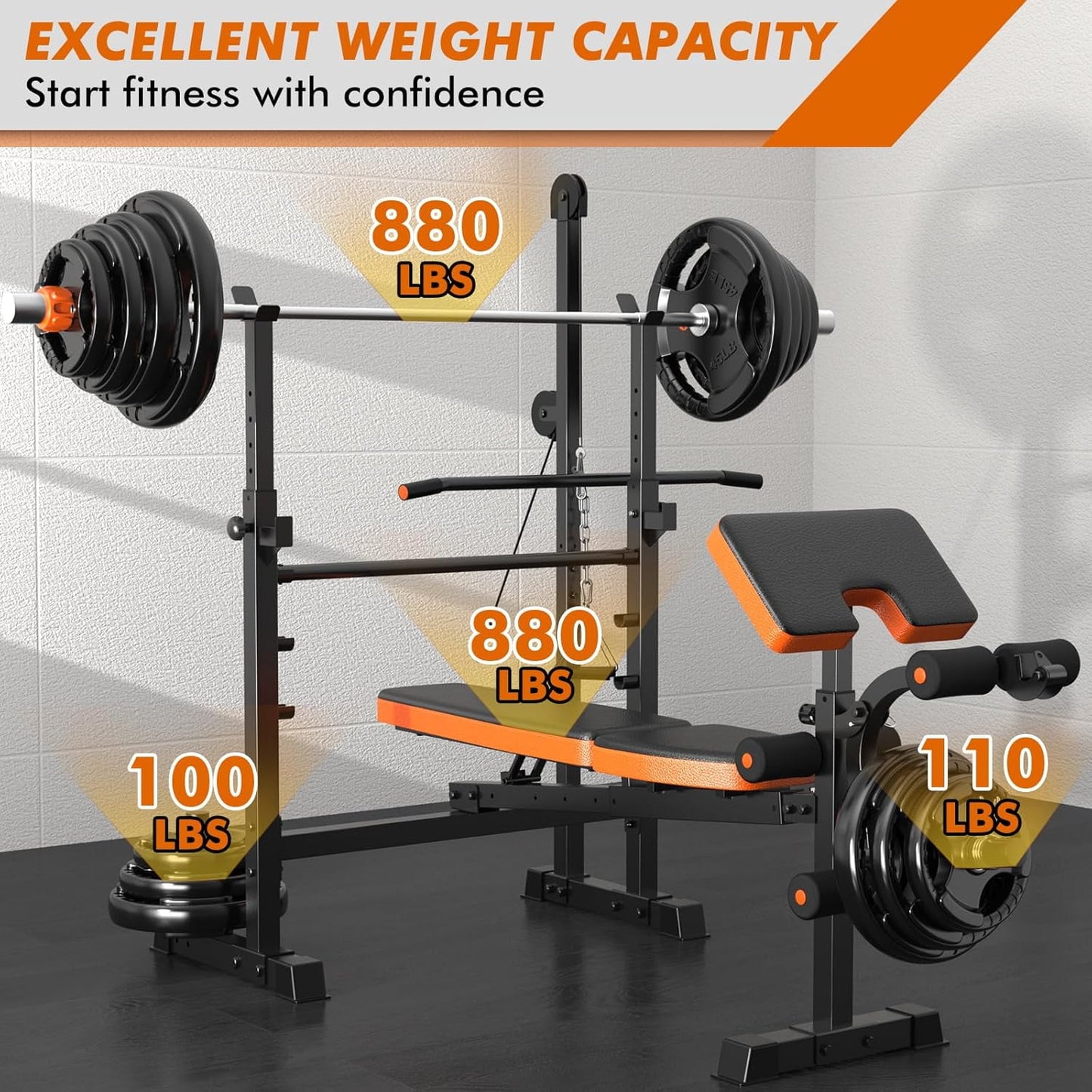 Bench Press Set, 880LBS Adjustable Weight Bench with Leg Extension and Preacher Curl Pad, 8 IN 1 Multi-Function Gym Bench with LAT Pulldown Pulley System, Full-Body Workout Home Gym Equipment