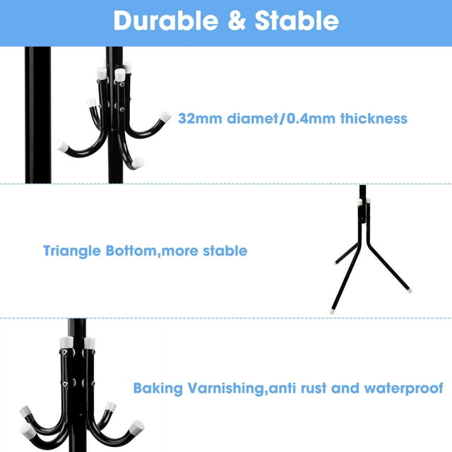 VIIWII Metal Coat Rack Stand Coat Trees Free Standing with Weighted Bottom 12 Hook Hat Hanger Black