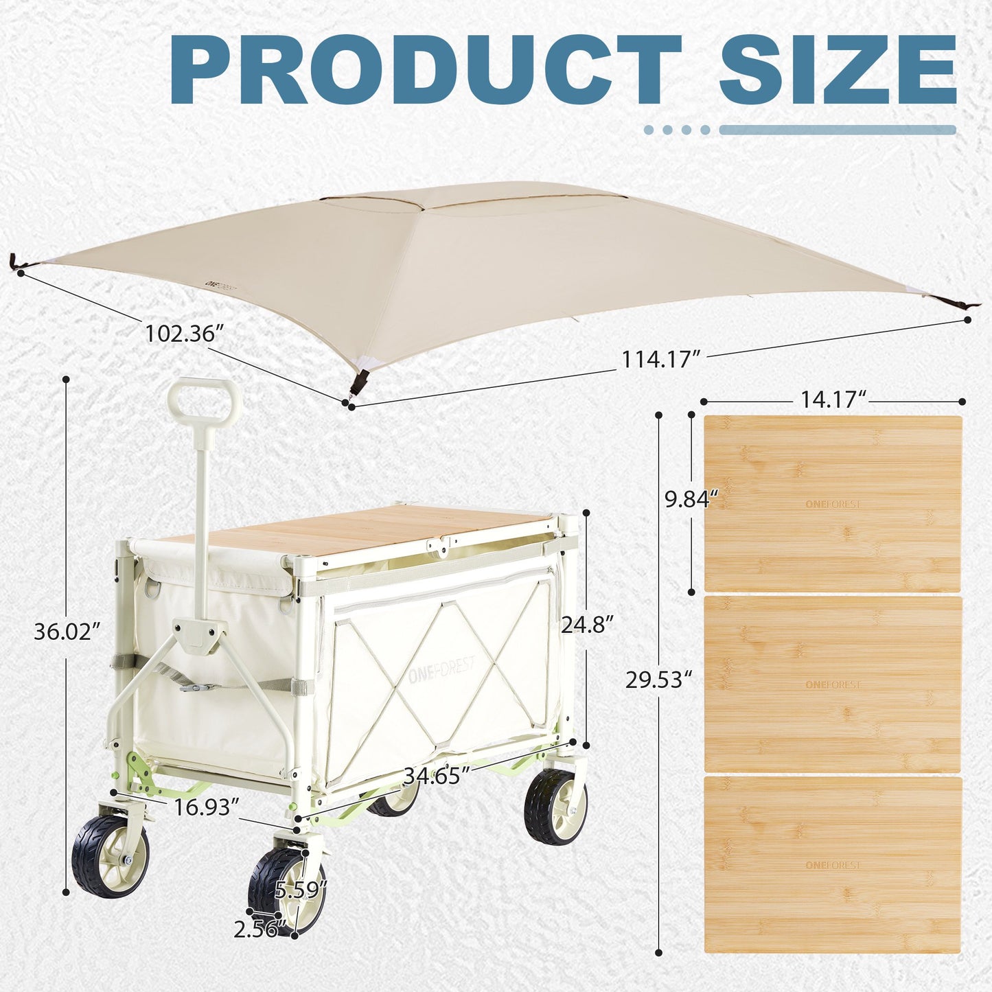JUSTLET Collapsible Wagon Cart with Canopy and Bamboo Tabletop - Portable Utility Garden Cart for Camping and Outdoor Activities,Creamy White
