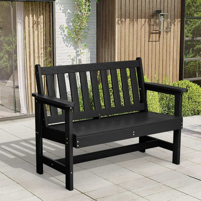 JUSTLET HDPE 48.8" 2-Person Weather-Resistant Park Bench for Outdoor Use, with Wide Armrests and Backrest, Suit for Garden, Porch and Park, Black