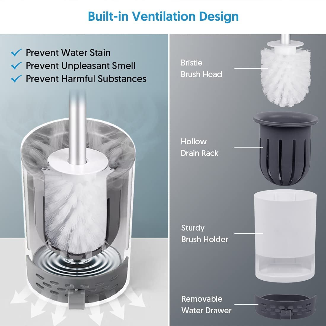 SUGARDAY Toilet Brush and Holder Caddy Plunger Set 2 Pack Toilet Bowl Brush for Bathroom Scrubber