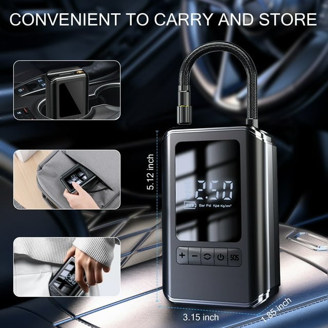 AOMBOO Tire Inflator Portable Air Compressor, for Car Tires with Automatic Shutoff, 150 PSI Digital Pressure Gauge, Emergency LED Light, Cordless and Compact Automotive Pump, Black