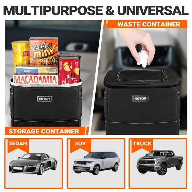HOTOR Car Trash Can with Lid, Leak-Proof Car Garbage Can with Mesh Pockets, Car Accessories