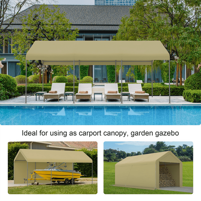 Grezjxc 10 x 20ft Steel Carport Heavy Duty Awning Car Canopy Tent with Side Walls for outdoor Truck Boat Car Port Party Storage(Beige)