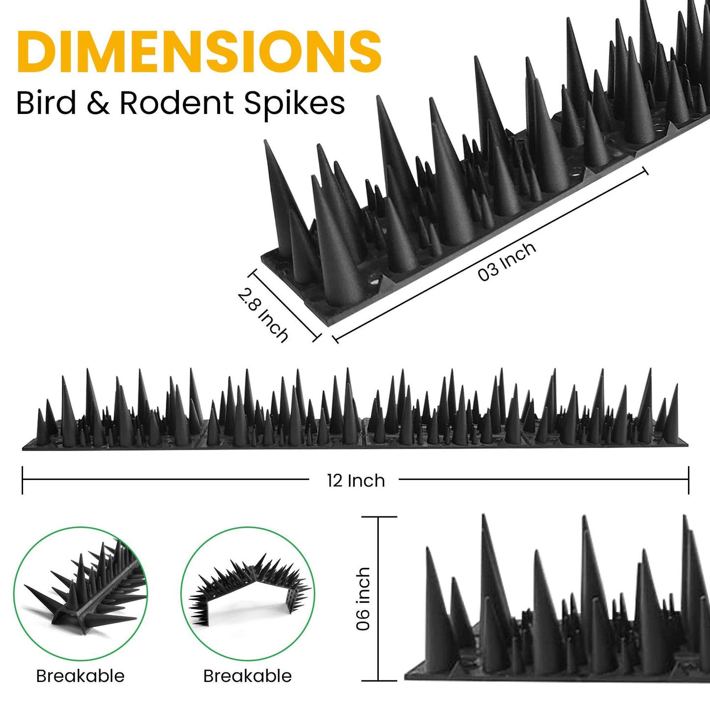 Bird & Rodent Spikes, Unique spike pattern effectively deters pesky Pigeons, Squirrels, Raccoons. Installs on fences, gates, roofs, walls and more! (15 Feet, Green Plastic)