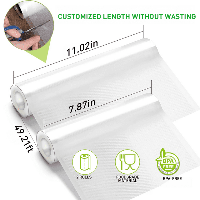 Vacuum Sealer Bags,2 Pack 11" x 50',8" x 50' Vacuum Sealer Rolls for Food,BPA Free 100Ft Food Storage Bag,Clear