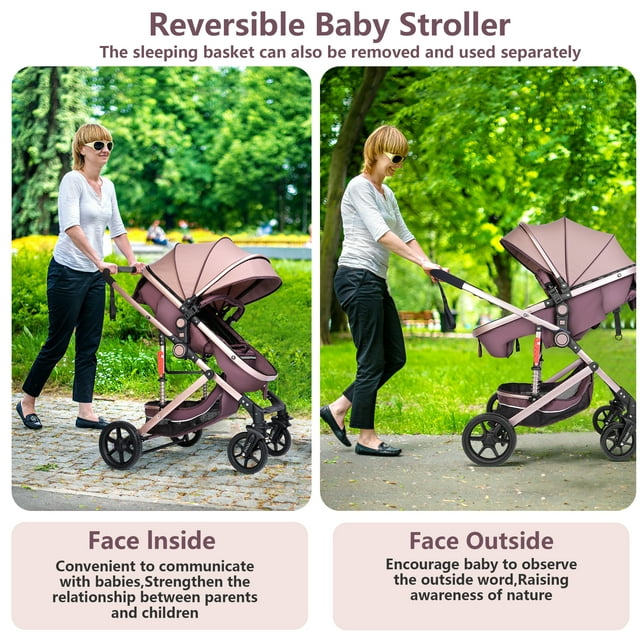Vipuse Baby Stroller,3 in 1 Convertible Newborn Bassinet Stroller with Adjustable Backrest & Awning,Travel Stroller for Baby 0-3 Years Old,Brown