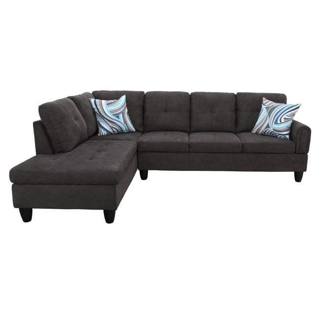 Hommoo L Shaped Couch Set Sectional Sofa Set, Flannel Living Room Furniture Sets, 4-Seat Couches and Sofa Set for Home, Apartment, Dorm, Dark Brown(No Ottoman)