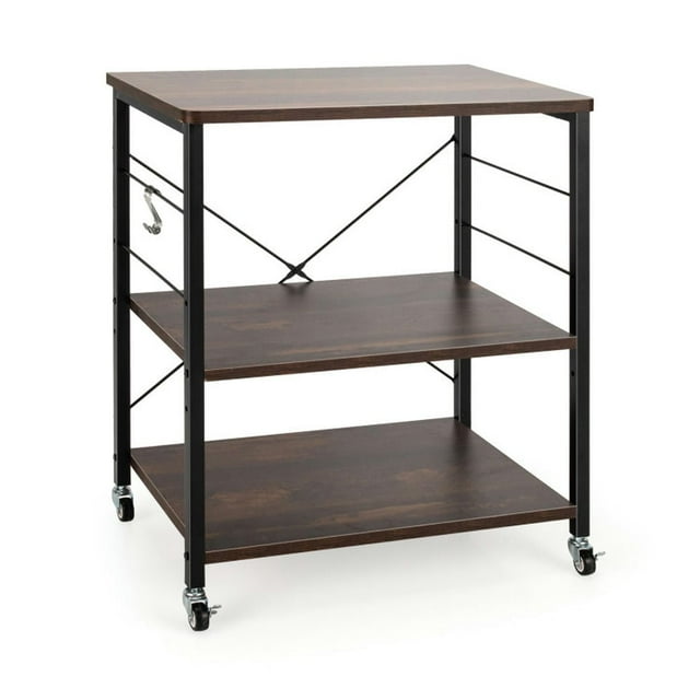 Canddidliike 3-Tier Kitchen Baker's Rack Microwave Oven Storage Cart with Hooks-Charcoal Brown, Bakers Rack Kitchen Storage Shelf