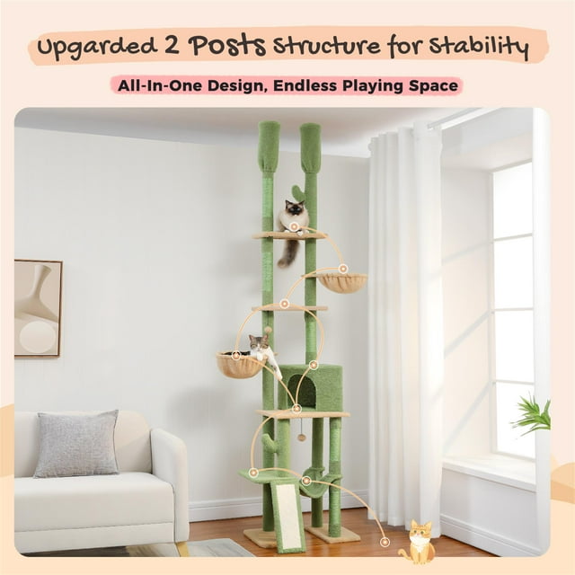 Demi Bonn Adjustable Height(85-112 in) Cat Tree Tower Floor to Ceiling with 7 Tiers Cat Climbing Activity Center, Cozy Hammocks, 5 Platforms for Indoor Cats, Green
