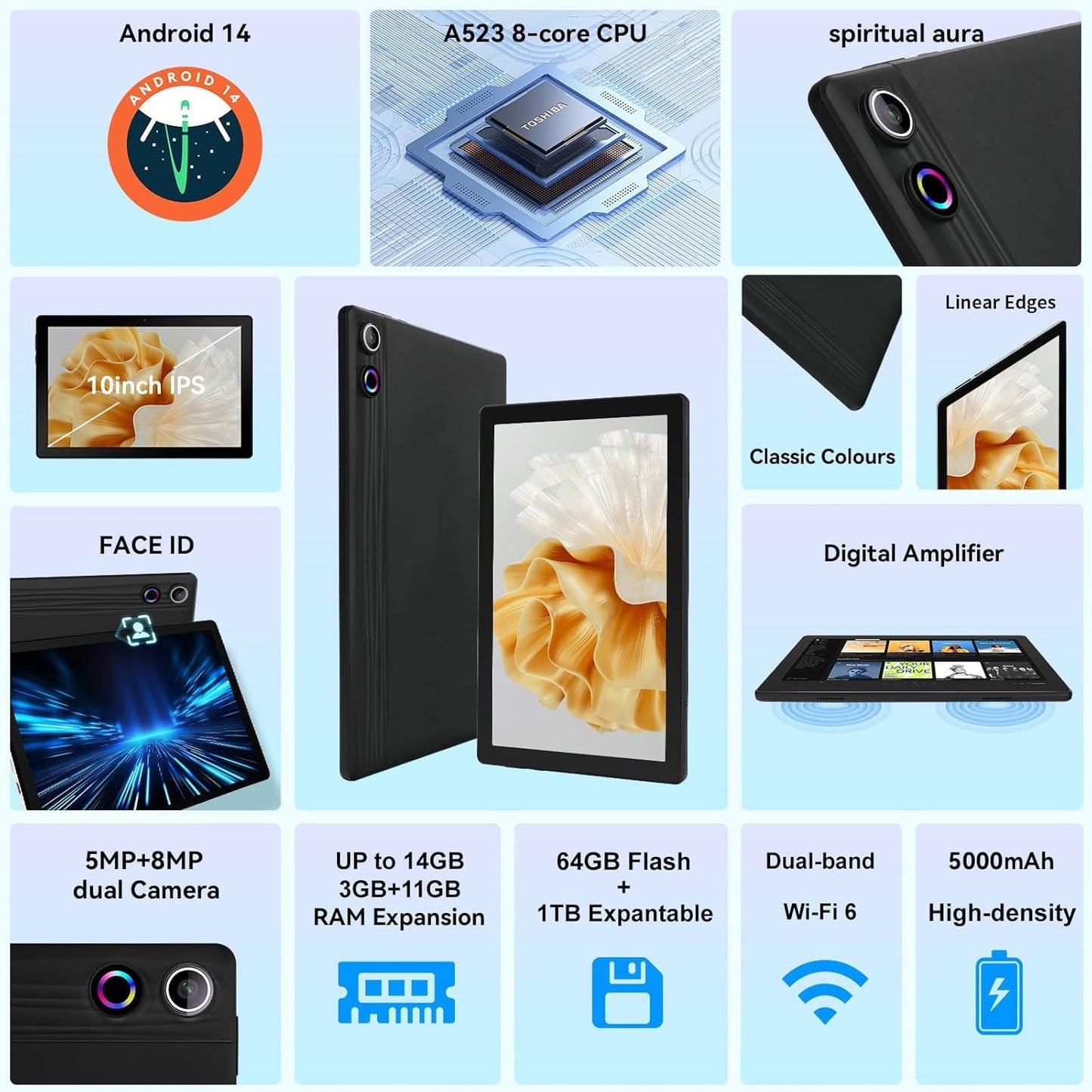 Android 14 Tablet with Rechargeable Stereo Speaker Audio Base, 10 inch Tablet with HD IPS Touch Screen, Otca-Core, 14GB RAM 64GB ROM 1T Expand, Wi-Fi 6, BT 5.3, Dual Camera, Google Tablet