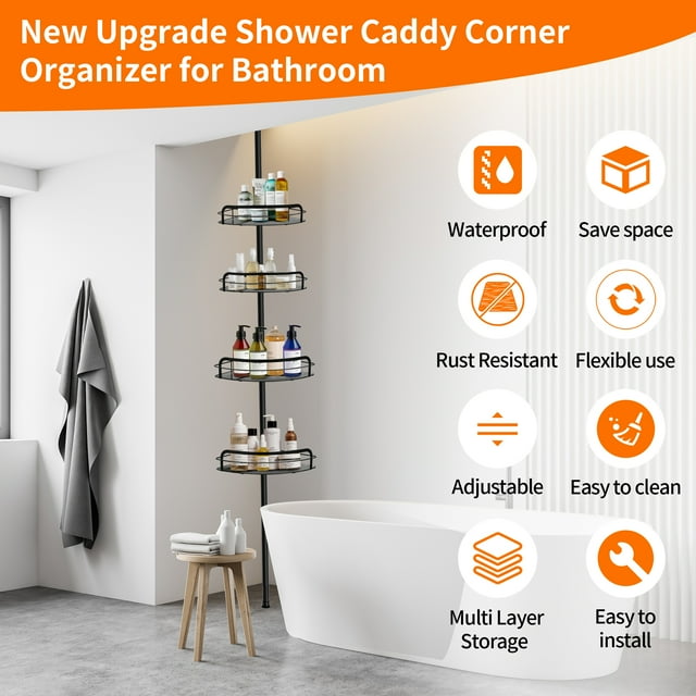 Qissep Rust-Resistant Shower Caddy Corner Organizer for Bathroom,4 Pcs Baskets with Baseplate,with Tension Pole Extend from 31.49 to 111.42 inch,Black