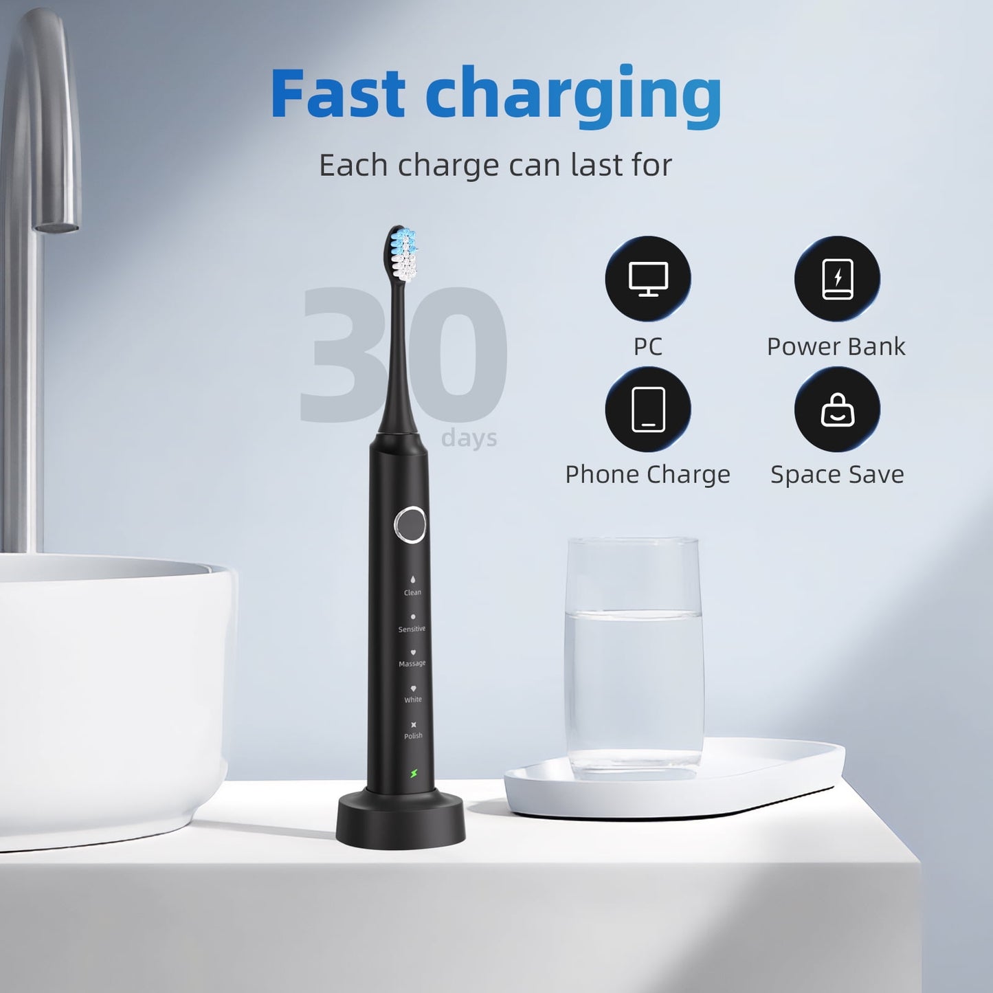 Sonic Electric Toothbrush for Adults and Teen: Rechargeable Travel Toothbrush with 6 Brush Heads & Travel Case, Smart Timer, 5 Modes, 2-Hour Fast Charge Last 30 Days, Black