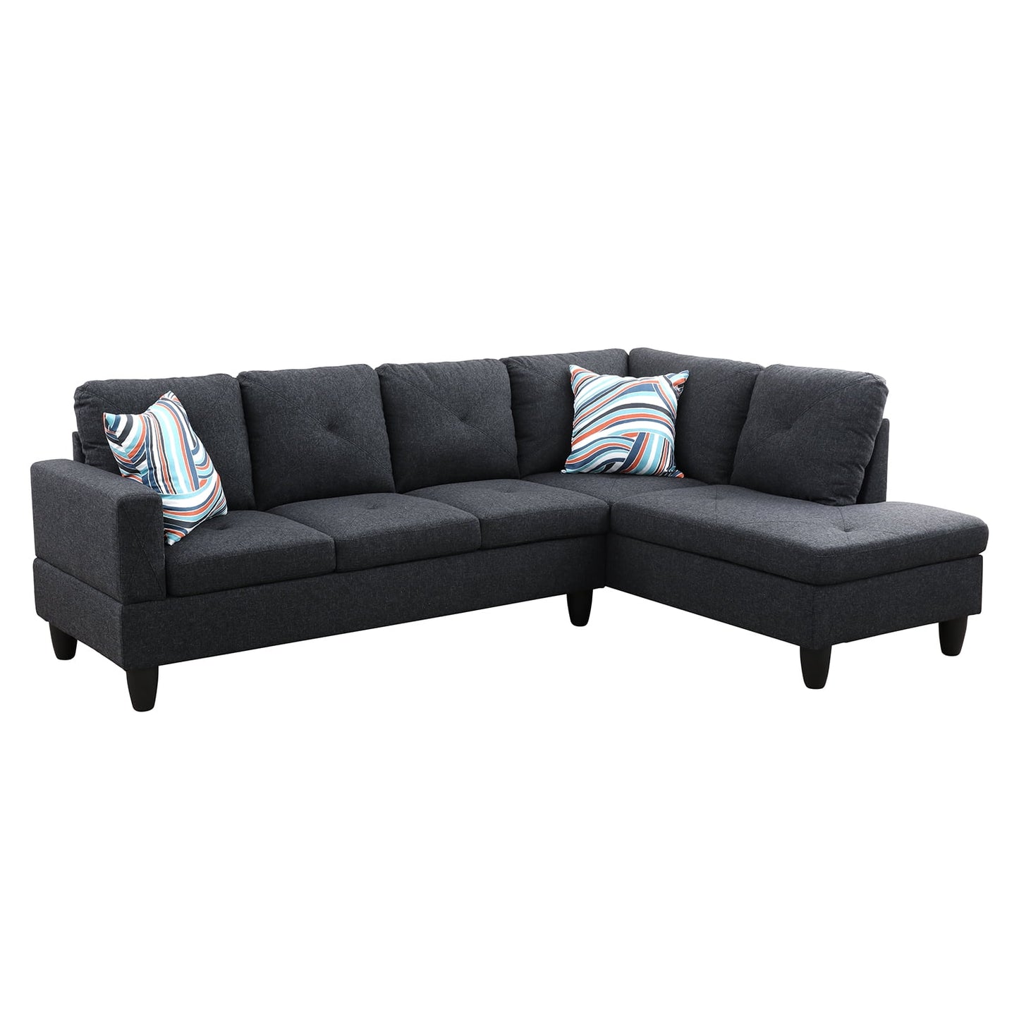 Hommoo Flannel Living Room Furniture Sets, 4-Seat L-Shape Sectional Couch Sofa, Black Grey(No Ottoman)