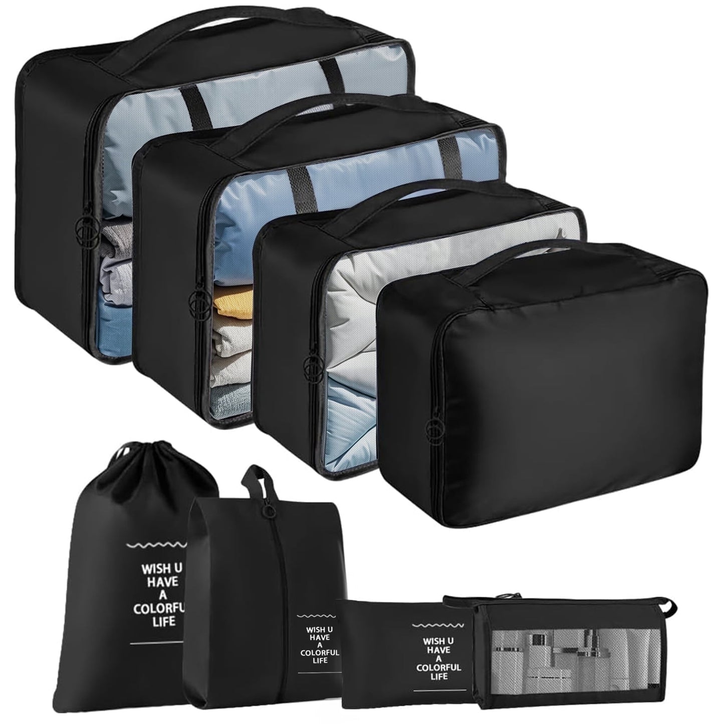 8PCS Packing Cubes for Travel, Luggage Organizer Bags for Family, Compression Pouches Clothes Suitcase, Storage Bags for Travel Accessories, Black