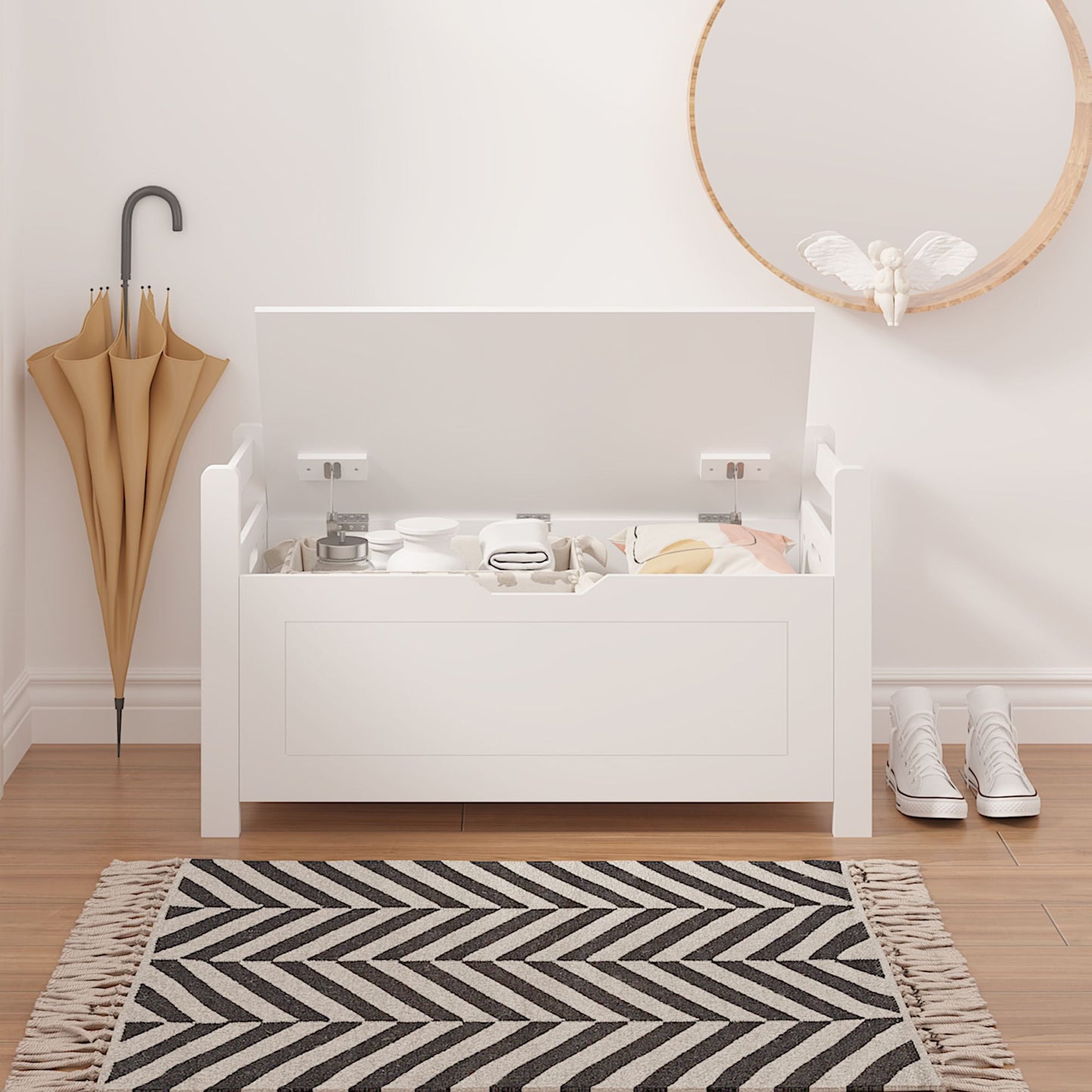 Finihen 35" Storage Bench with Cushion, Lift-Top Toy Storage Organizer Trunk with 2 Safety Hinges, Wood Storage Box Chest for Bedroom, Entryway, Living Room, White