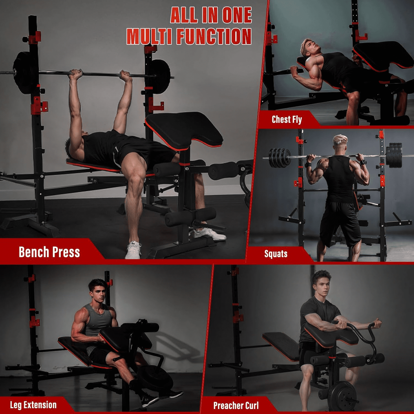 Olympic Weight Bench Set with Preacher Curl, Squat Rack, Leg Extension, Leg Curl, 1500lbs Weight Capacity