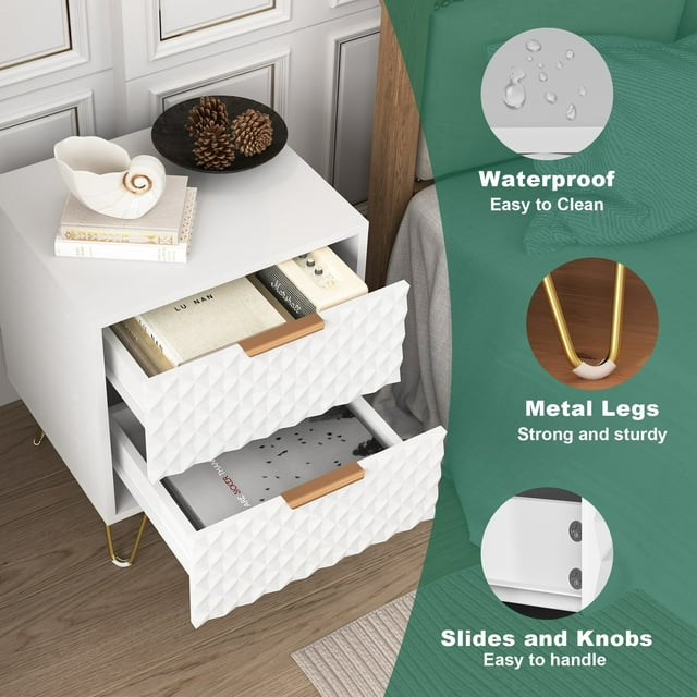 2 Drawer Bedroom Nightstand Set of 2 with Gold Metal Handle and Legs, White Bedside Table