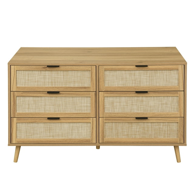 Kadyn Chest of Drawers, Rattan Nursery Dresser for Bedroom, Sideboard Buffet Cabinet with 6 Drawer, Walnut