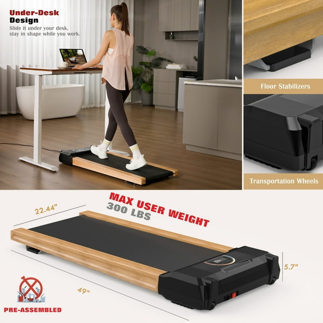 FLIMDER Walking Pad, High Grade Wood Under Desk Treadmill 300LBS Capacity, Max 3.5 HP Electric Treadmill for Home Office Installation-Free with Remote Control LED Display ,Sound Quality Speaker