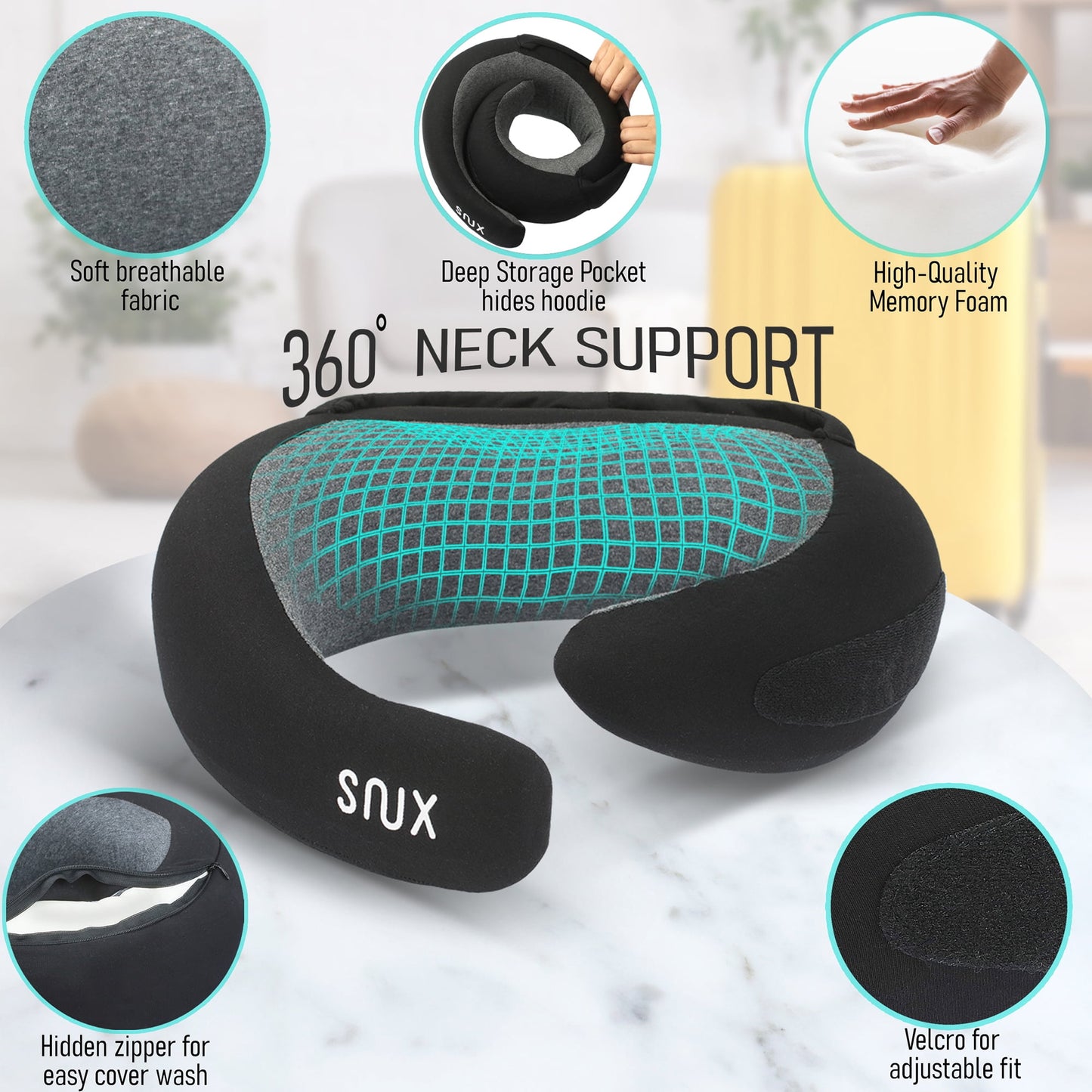 Snux Travel Neck Pillow with Hood - 360 Neck Support - Memory Foam - Hooded Travel Pillow (Black)