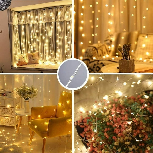 Window Curtain String Light for 3 Pack, ,300 LED Outdoor Indoor Wall Decoration,8 Modes Fairy Lights USB Remote Control Lights,Warm white(9.9x9.9 Ft)