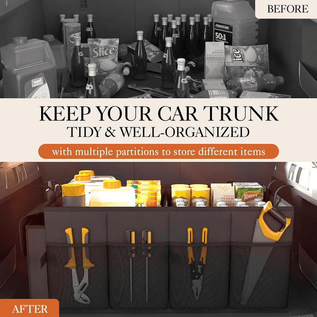 HOTOR Trunk Organizer for SUV - 2 Compartments & 6 Pockets Trunk Organizer for Car, Car Organizers and Storage