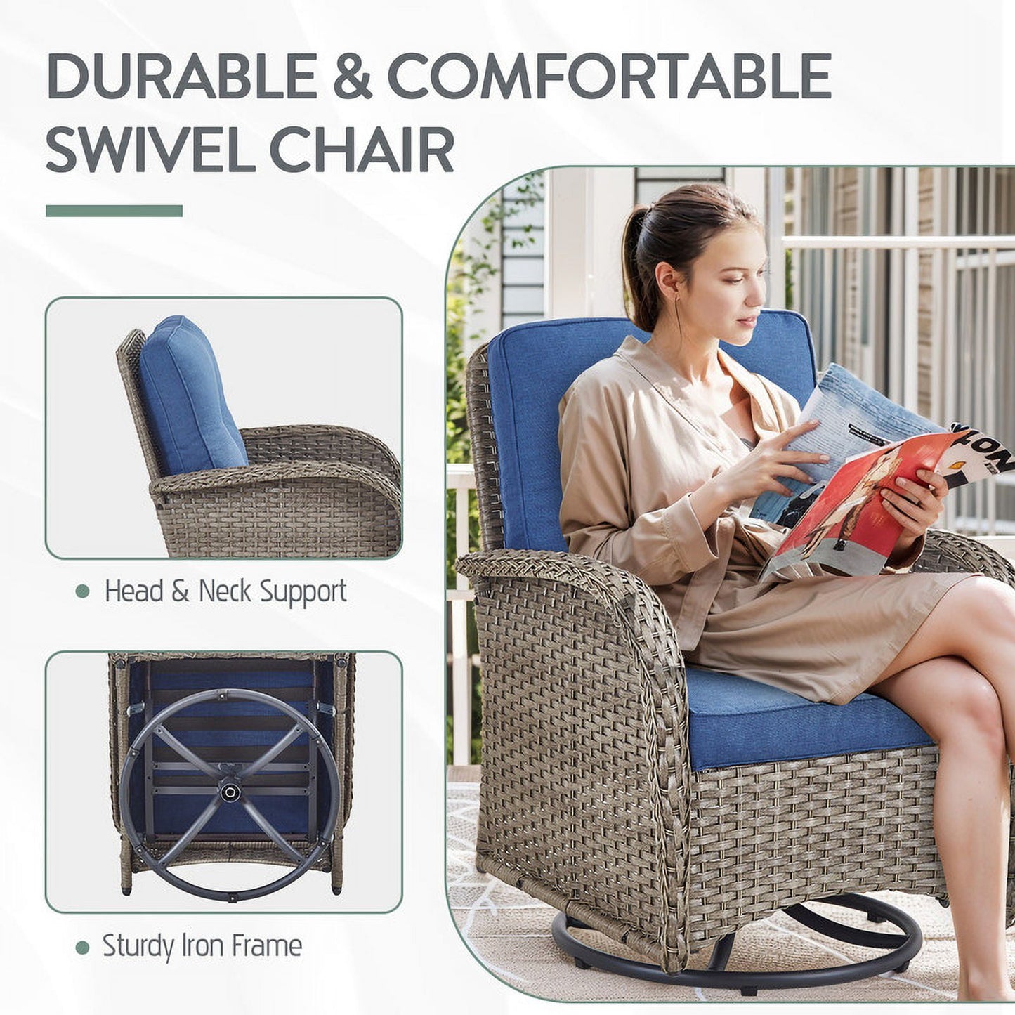 PARKWELL Outdoor Swivel Glider Chair Set of 4, Patio High Back Swivel Rocker Lounge Arm Chair for Balcony Yard,Gray Wicker Deep Seat Furniture with Navy Cushion