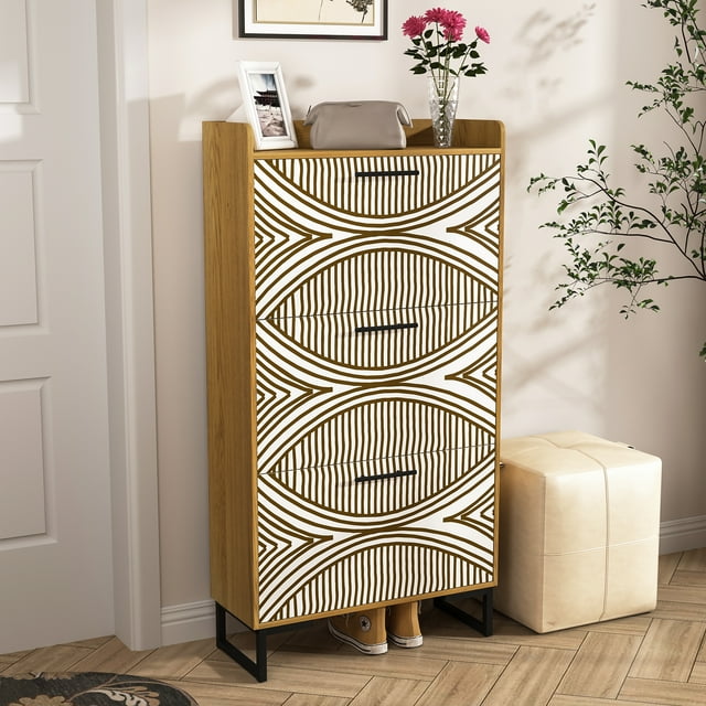 Hommoo 3 Tiers Flip Shoe Storage Cabinet with PVC painted, Modern Wood Shoe Rack Storage Organizer for Home, Brown