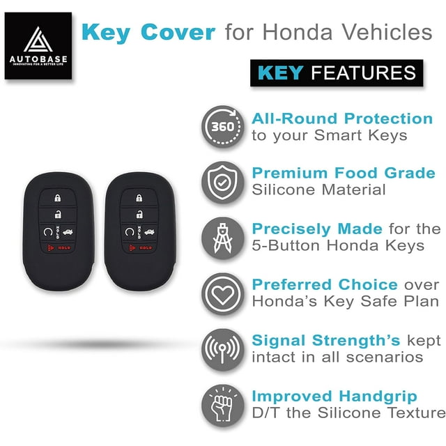 Autobase Silicone Key Fob Cover for 2022 2023 2024 2025 Honda Civic Accord HR-V CR-V Pilot Sport SI EX EX-L Touring | Car Accessory | Key Protection Case - 2 Pcs (Black)