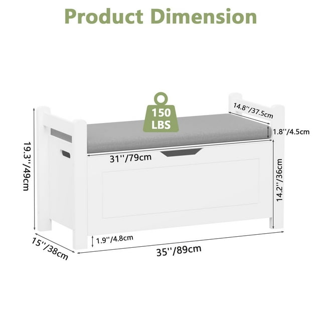 Finihen 35" Storage Bench with Cushion, Lift-Top Toy Storage Organizer Trunk with 2 Safety Hinges, Wood Storage Box Chest for Bedroom, Entryway, Living Room, White