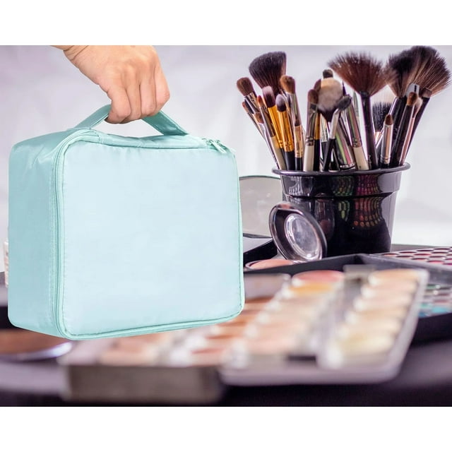 Travel makeup bag with brush holder, large cosmetic bag Travel Makeup Organizer, Portable Water-resistant Toiletry Bag with Handle for Girls Women Blue