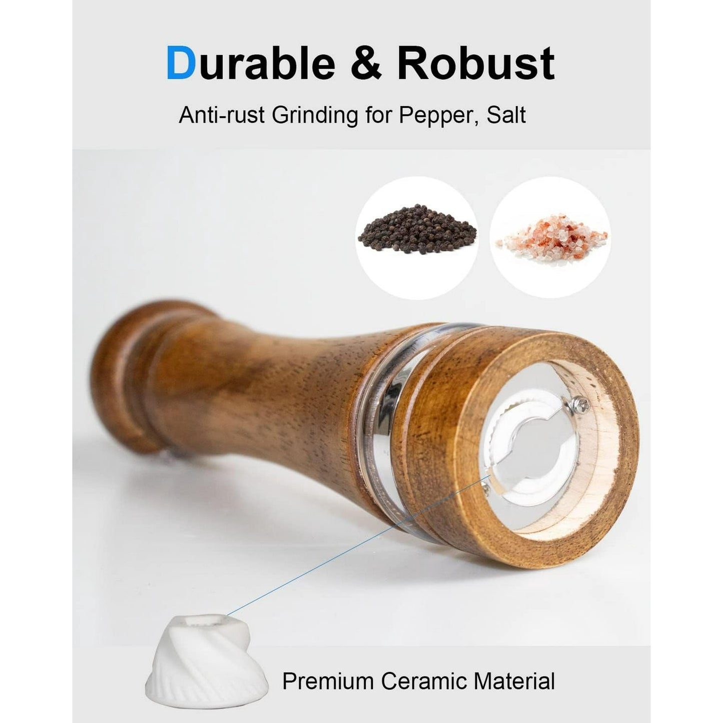 Tattom Pepper Grinder Salt Grinder Wooden Pepper Mill Grinder w/Adjustable Coarse, 8 inch Tall Wood Refillable Manual Pepper Grinder Mill Peppermill for Black Peppercorn, Easy Clean w/Cleaning Brush