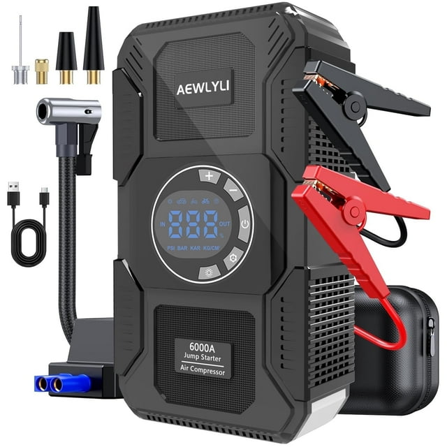AEWLYLI Car Jump Starter, 6000A Battery Jump Starter with Air Compressor(for All Gas or Diesel Engine), 12V Auto Battery Booster w/ LCD Display, 150PSI Tire Inflator, Flashlight, USB Quick Charge