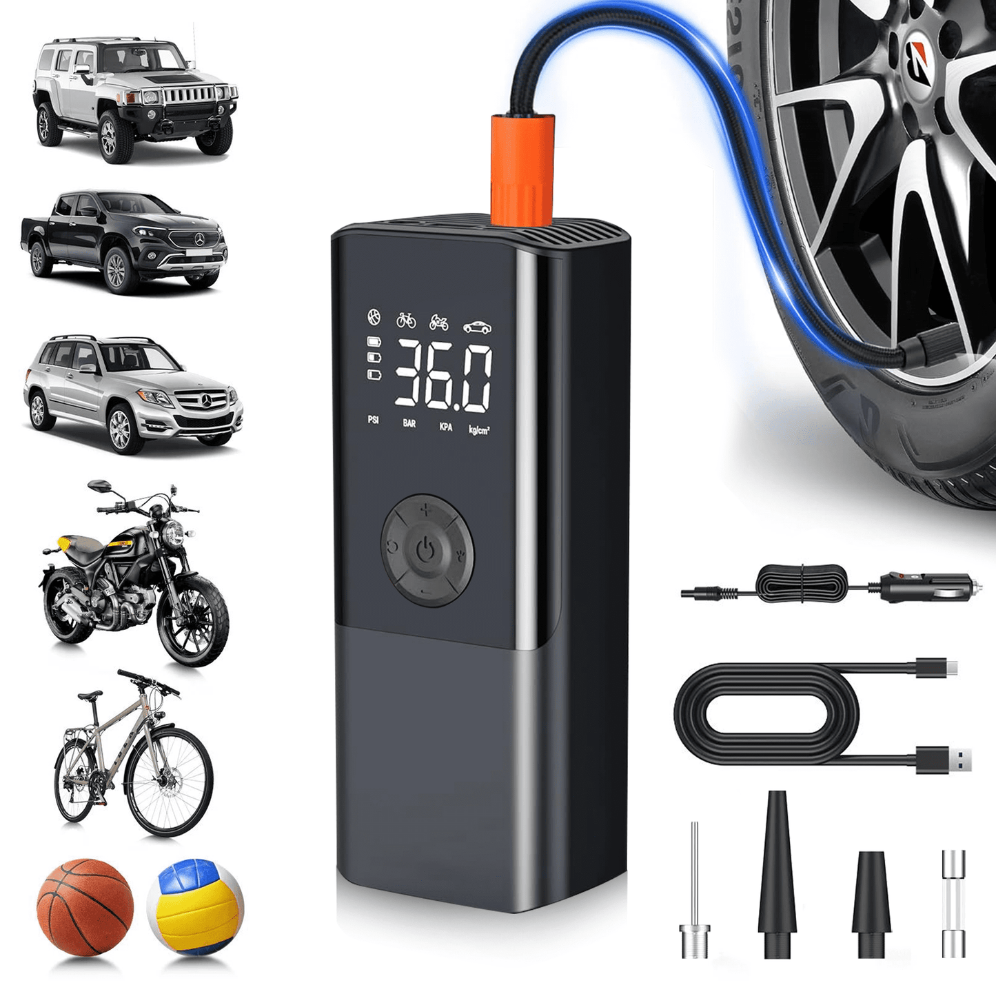 AOMBOO Tire Inflator Portable Air Compressor, for Car Tires with Automatic Shutoff, 150 PSI Digital Pressure Gauge, Emergency LED Light, Cordless and Compact Automotive Pump, Black