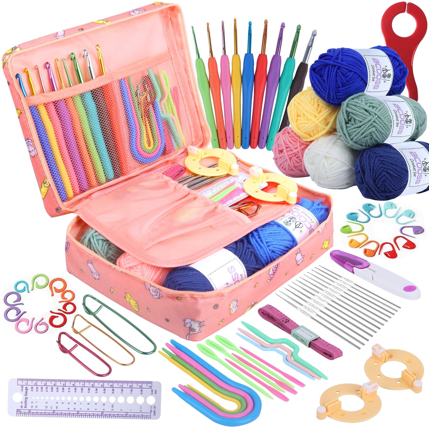 BCOOSS Crochet Kit for Beginners Adults Crochet Hook Set Includes Yarn Balls, Needles, Accessories Kit,Bag Pink