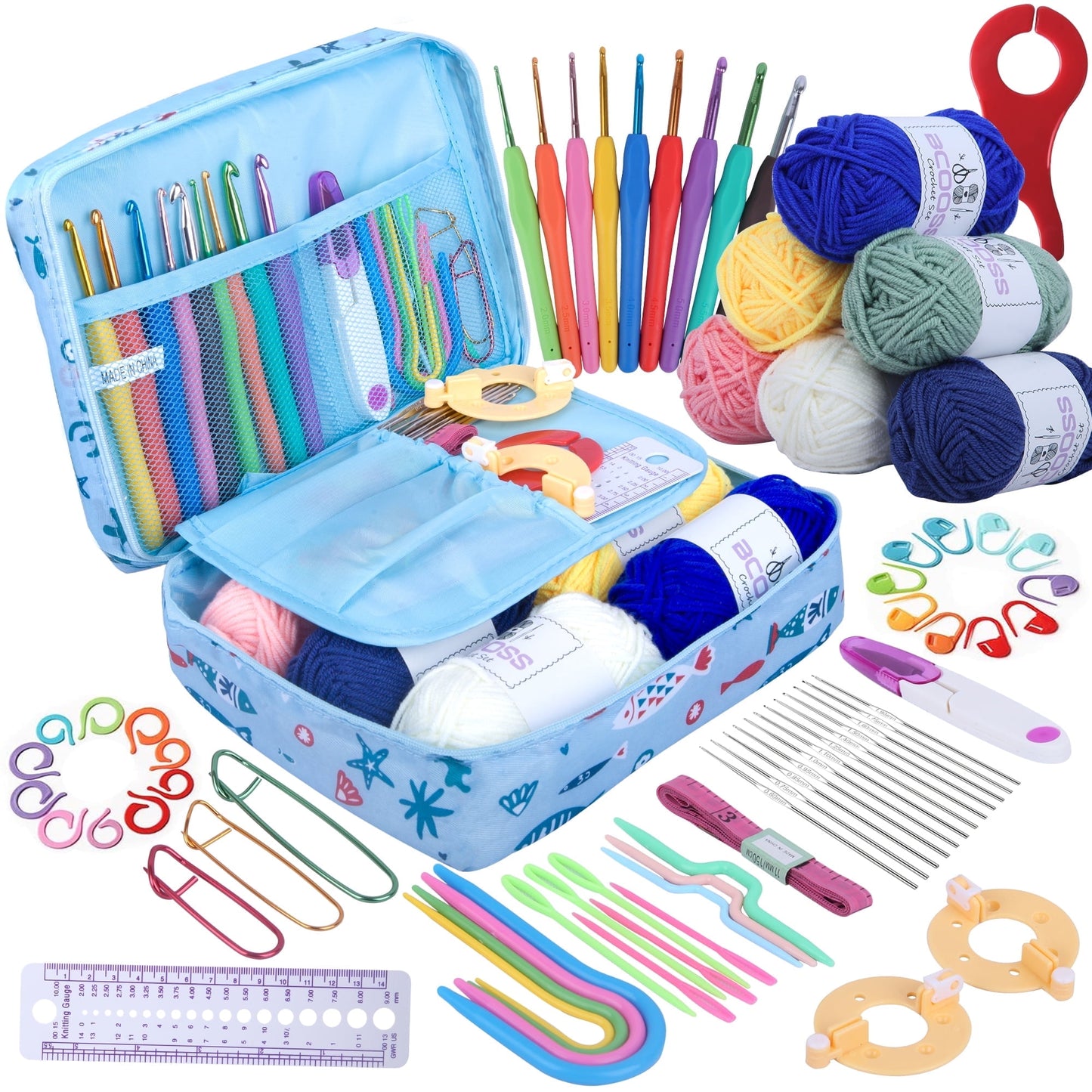 BCOOSS Crochet Kit for Beginners Adults Crochet Hook Set Includes Yarn Balls, Needles, Accessories Kit,Bag Blue