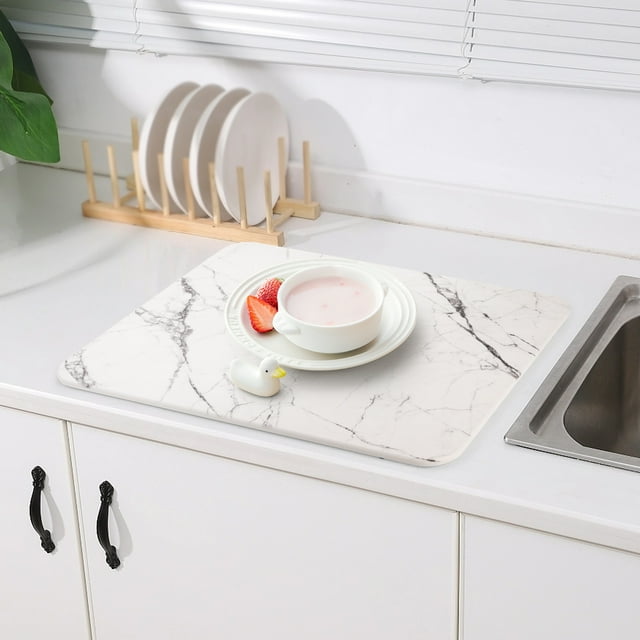 BUSATIA Stone Drying Mat for Kitchen Counter, Diatomaceous Dish Drying Mats Superb Absorbent with Non-Slip Stainless Steel Feet for Dishes, Bottles and more, 15.7"L×11.8"W, Ivory-Marble