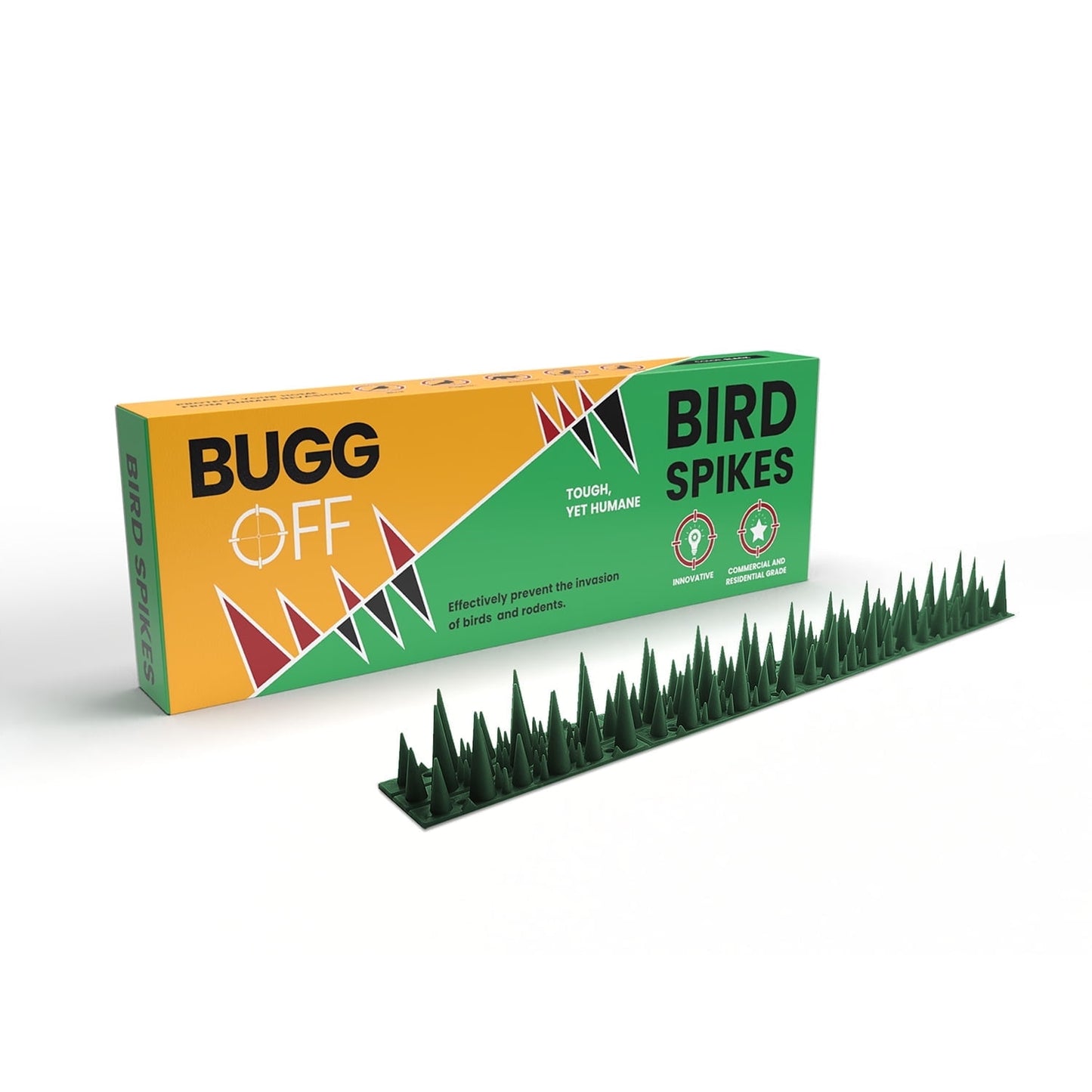 Bird & Rodent Spikes, Unique spike pattern effectively deters pesky Pigeons, Squirrels, Raccoons. Installs on fences, gates, roofs, walls and more! (15 Feet, Green Plastic)
