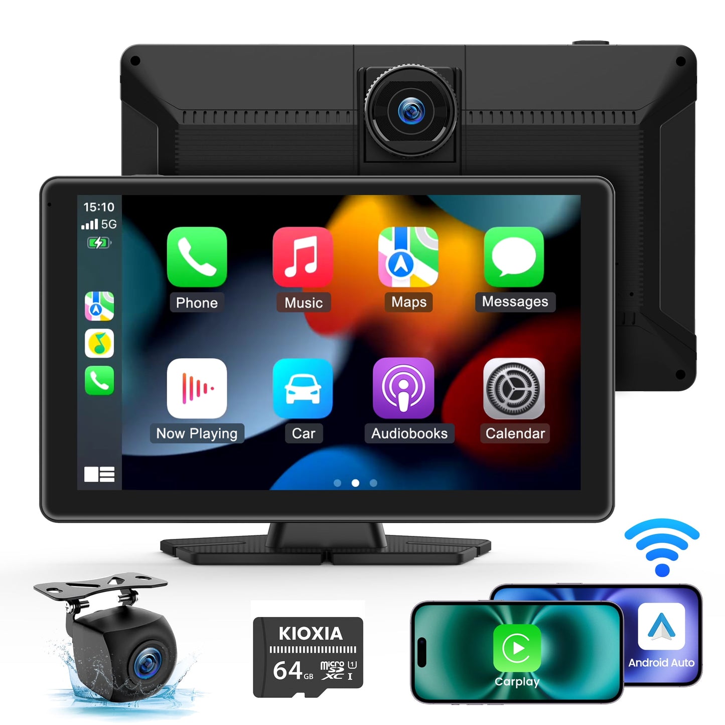 Bluetooth Hands-Free Apple Carplay & Android Auto 9in Touchscreen Portable Car Stereo with 4K Dash Cam/GPS Navigation/Mirror Link/Voice Control for 12-24V Cars, Trucks, SUVs