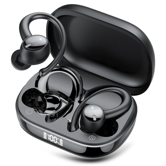 Bluetooth Headphones 5.4, 60Hrs Playtime Wireless Earbuds, Bass Boost 85%, Over-Ear Headphones Built-in 4 ENC Mics, IPX7 Waterproof Ear Buds with Earhook for Exercise Running Sports Black
