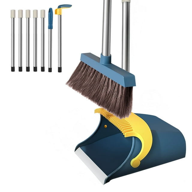 Broom and Dustpan Set, 51.2" Self-Cleaning with Dustpan Teeth for Pet Hair, Home, Kitchen, Blue