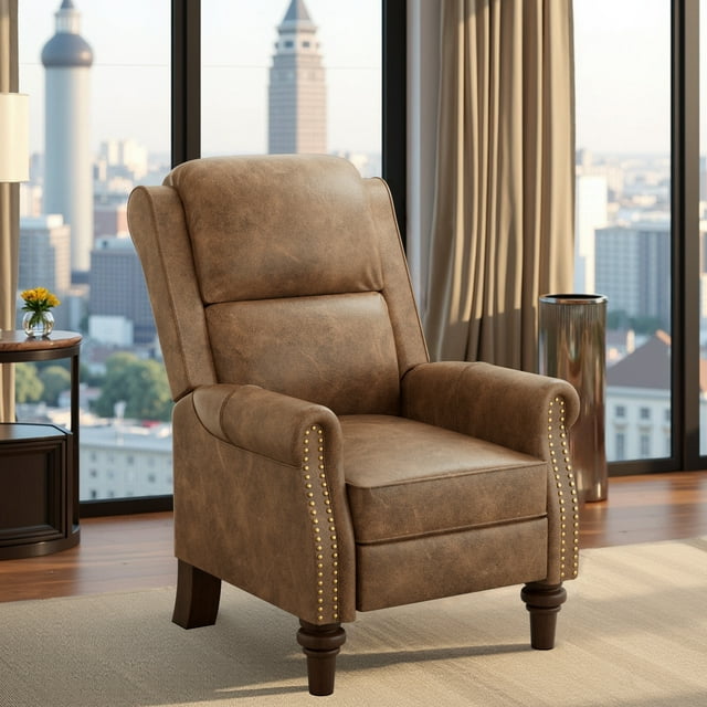 COOLHUT Pushback Recliner Chair Faux Leather Armchair, Mid Century Accent Chair with Rivet Decoration, Wingback Classic Living Room Single Sofa for Small Spaces, Brown