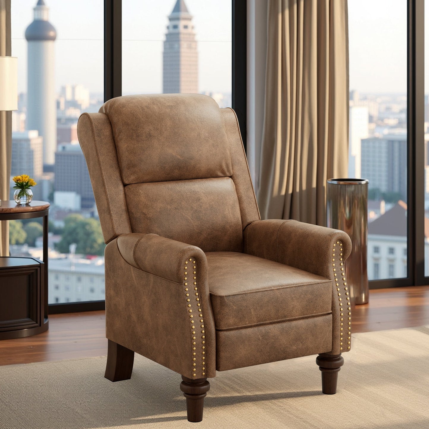 COOLHUT Pushback Recliner Chair Faux Leather Armchair, Mid Century Accent Chair with Rivet Decoration, Wingback Classic Living Room Single Sofa for Small Spaces, Brown